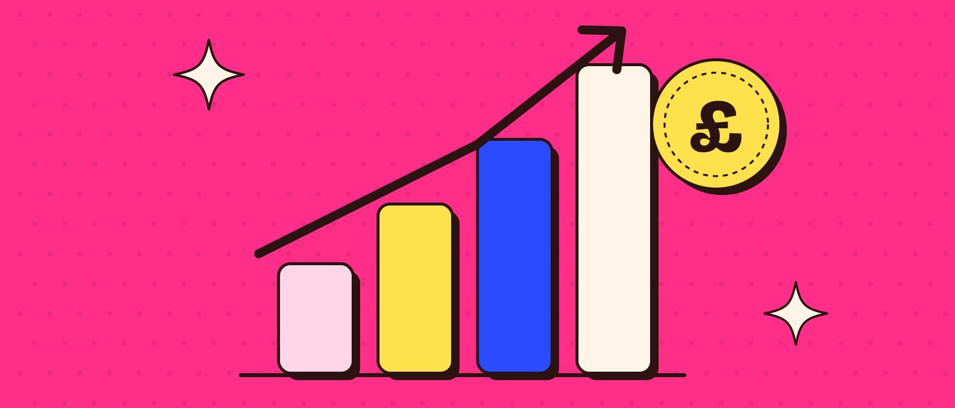 Illustration of rising bars and an arrow beside a pound coin