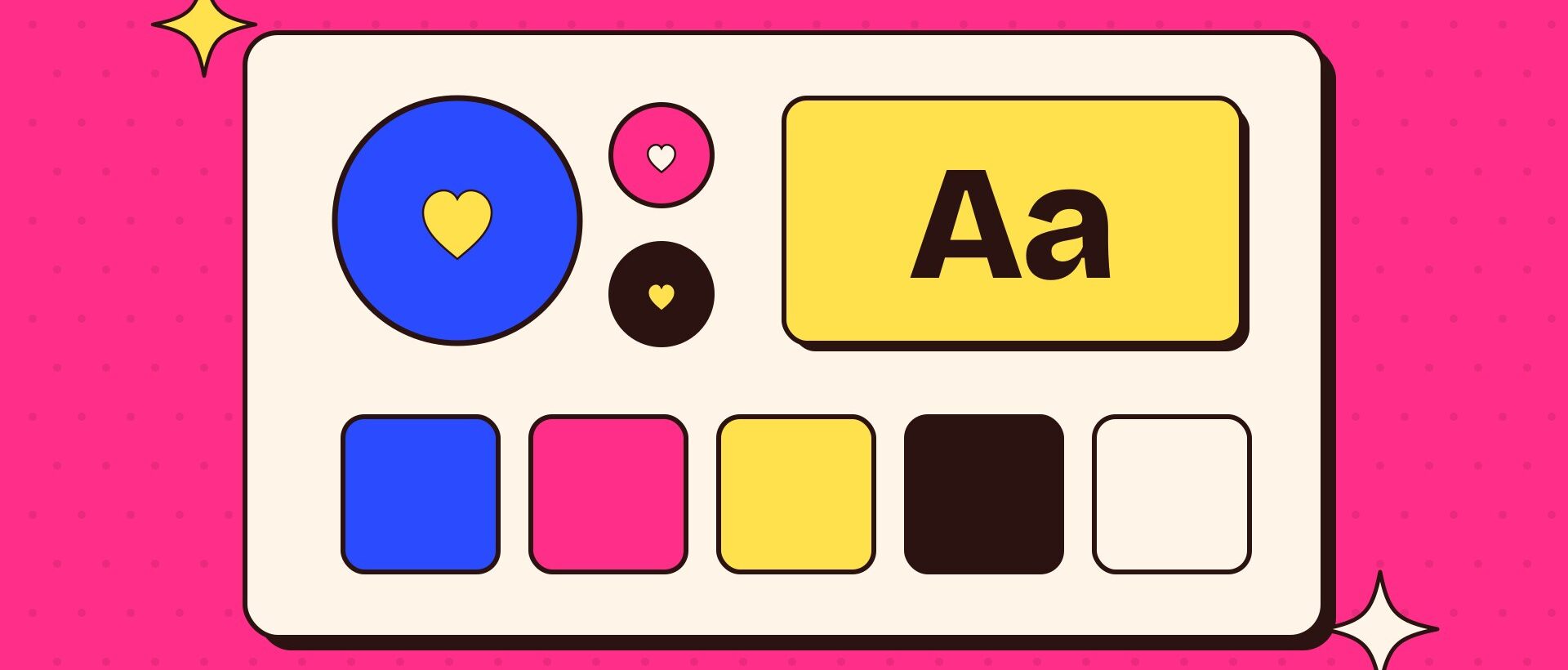 Illustration of a brand identity board with logo variations, colour swatches and a type sample