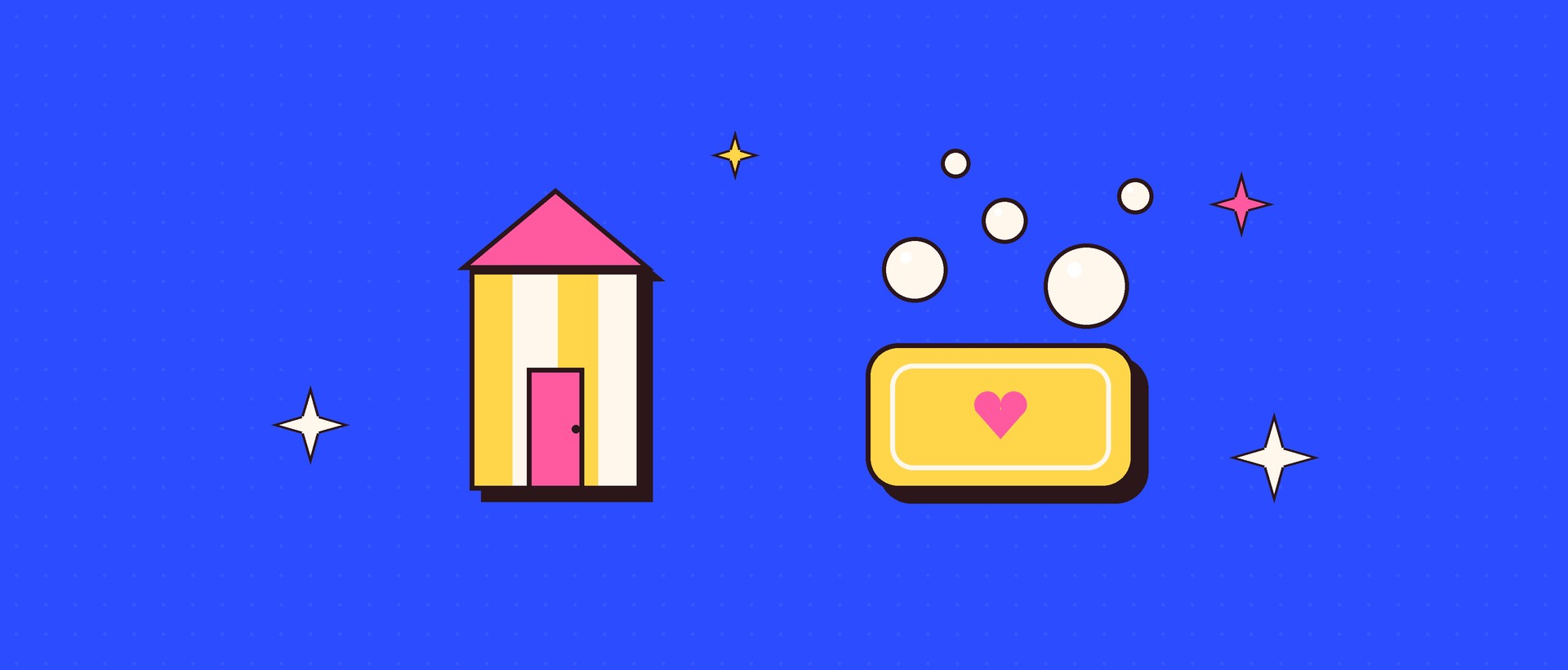 Illustration of a striped beach hut next to a bar of soap with bubbles