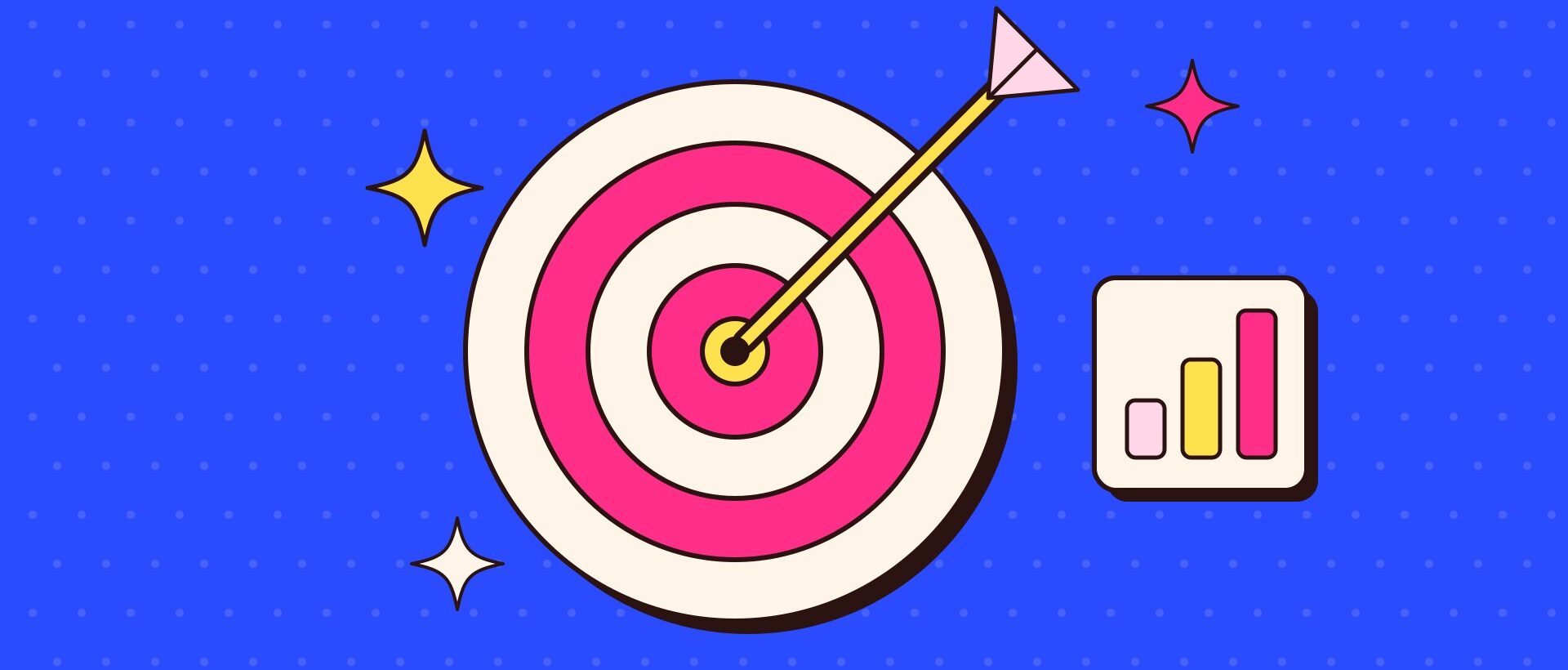 A bullseye target with an arrow in the centre and a small rising bar chart, on a cobalt background