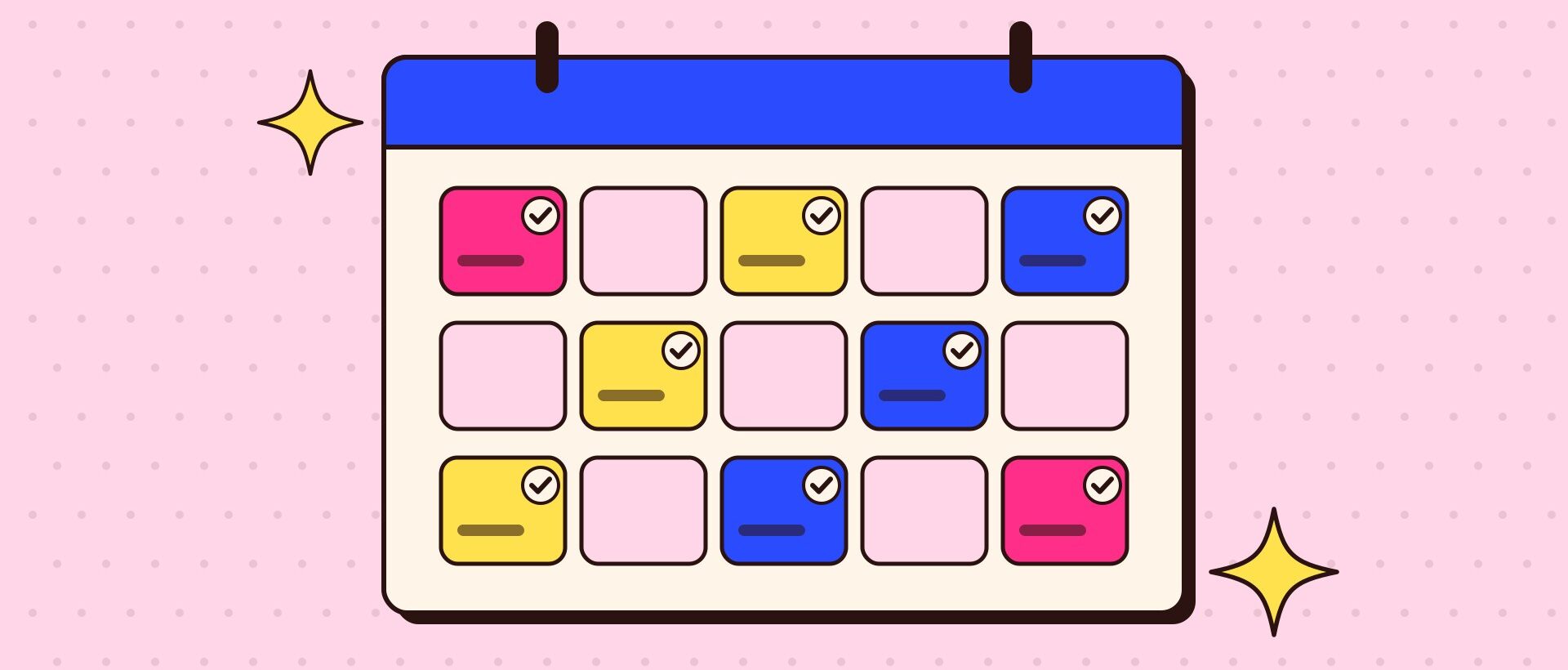 Illustration of a weekly planner with colour-coded posts ticked off in a steady rhythm