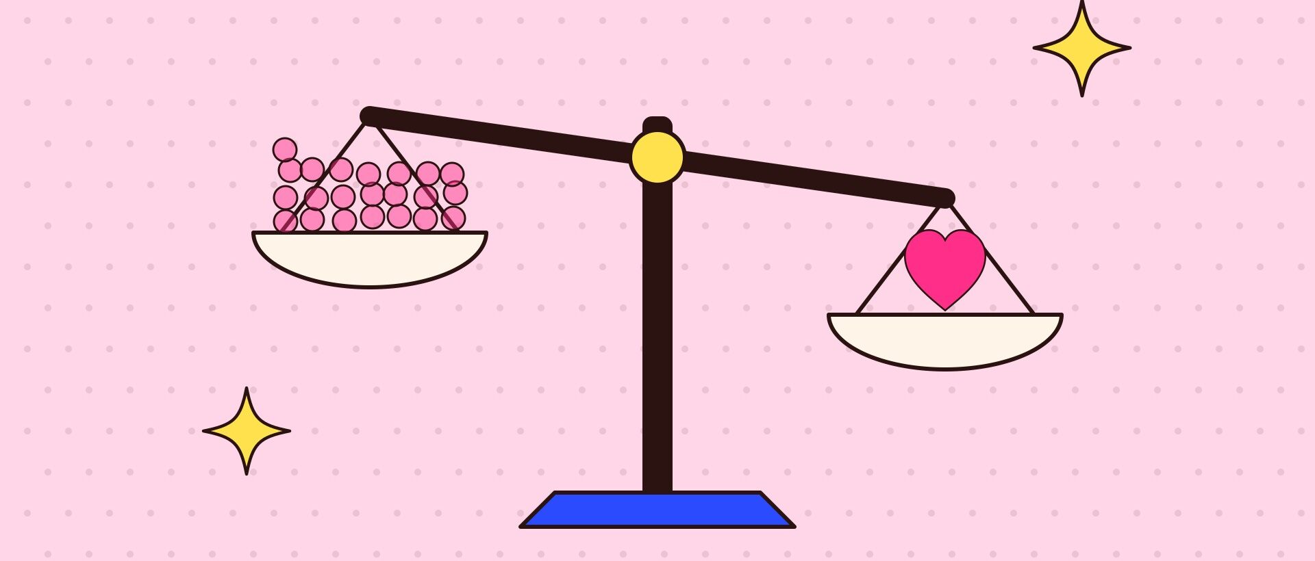A balance scale where one pink heart outweighs a pile of small follower dots, on a pink background