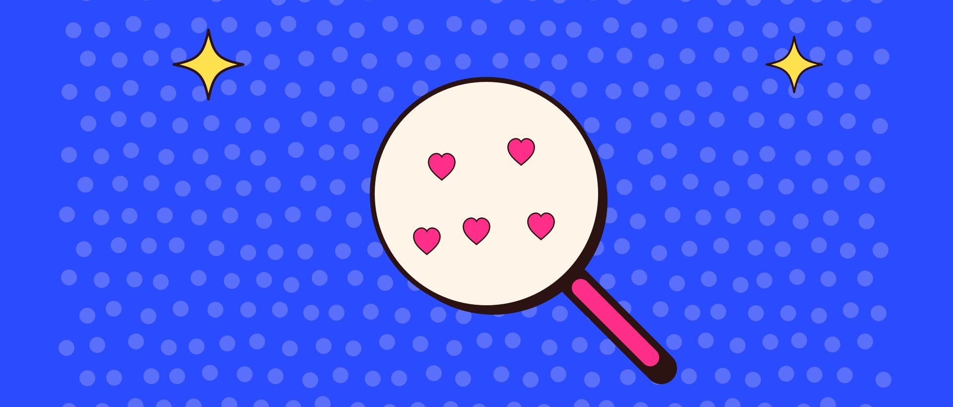 Illustration of a magnifying glass picking out a few hearts in a huge crowd of faded dots