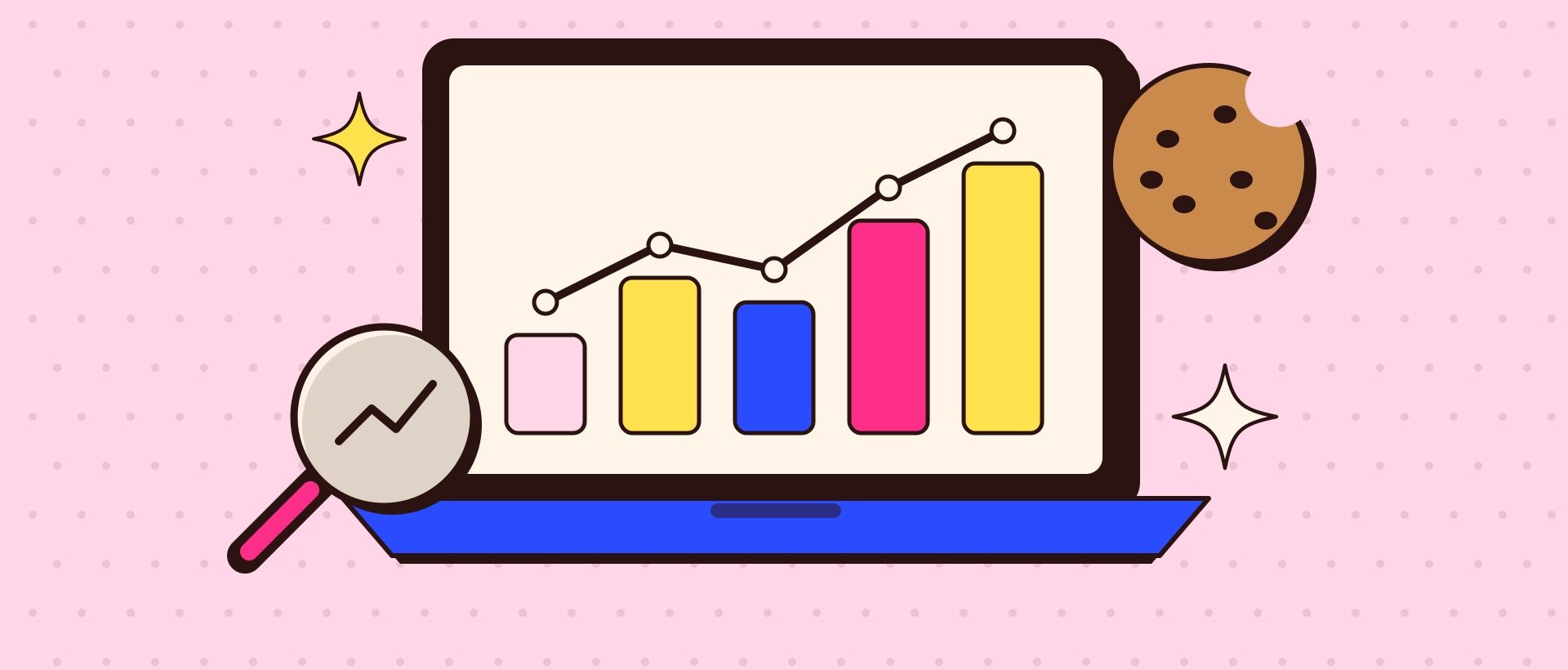 A laptop showing a simple bar chart and line graph, with a magnifying glass and a cookie on a lemon background