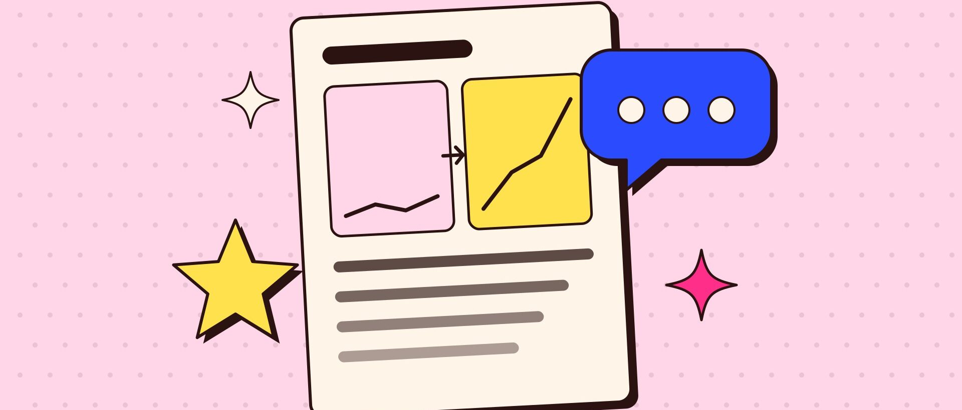 A document with a before and after panel, a speech bubble and a gold star, on a blush background