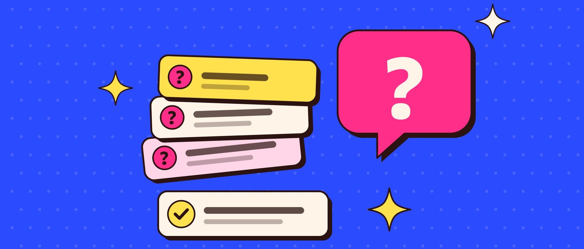 A stack of folded question cards with a big question mark speech bubble and a ticked answer card on a cobalt background