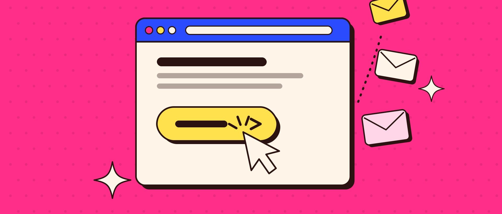 A web browser window with a big pink button and a cursor clicking it, with envelopes flying out towards an inbox tray