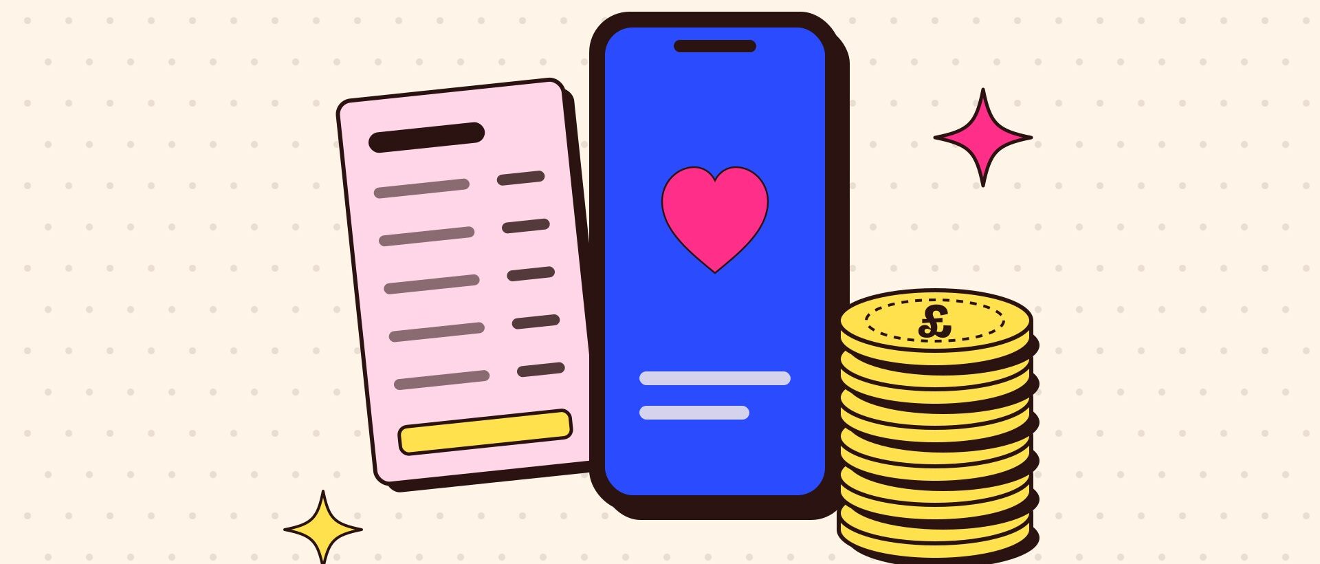 A stack of coins beside a phone with a heart on screen and a payslip, on a cream background