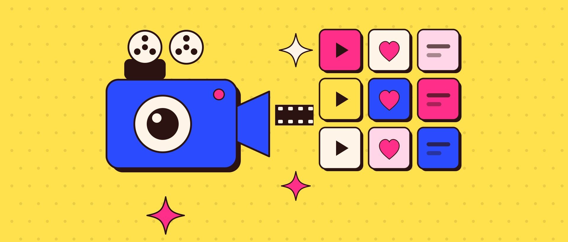 A video camera with a strip of film unrolling into a row of colourful post tiles on a lemon background