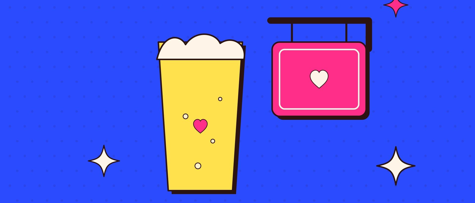 Illustration of a pint glass with a heart next to a pink pub sign