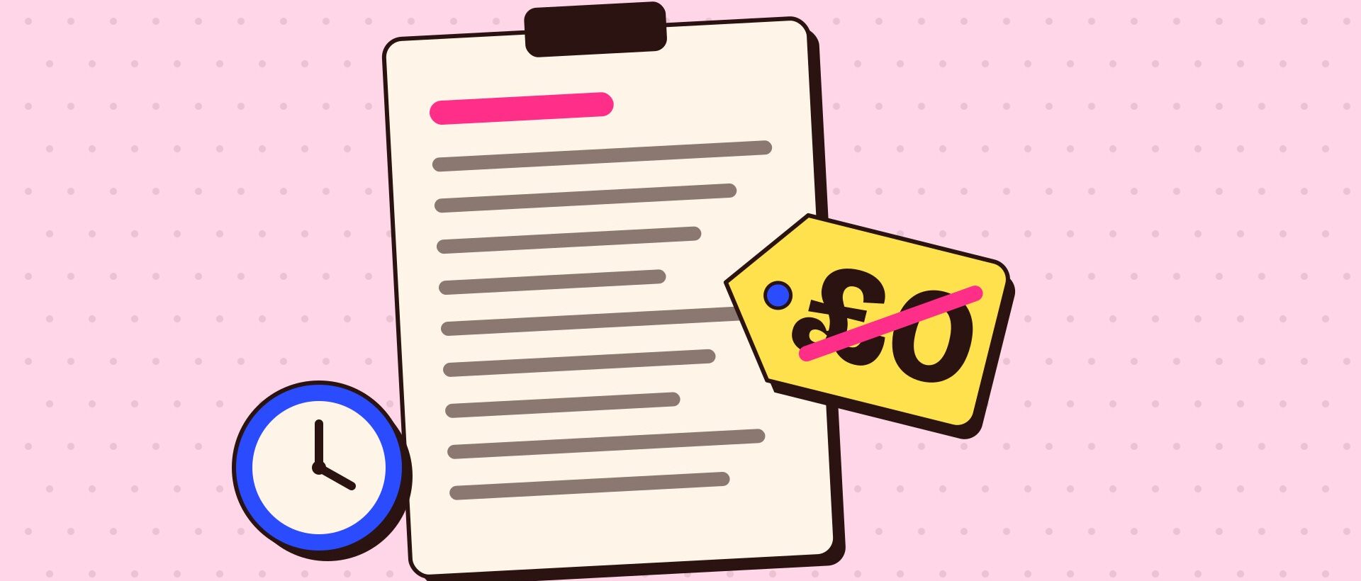 Illustration of a long recruitment brief with a clock and a crossed-out £0 price tag