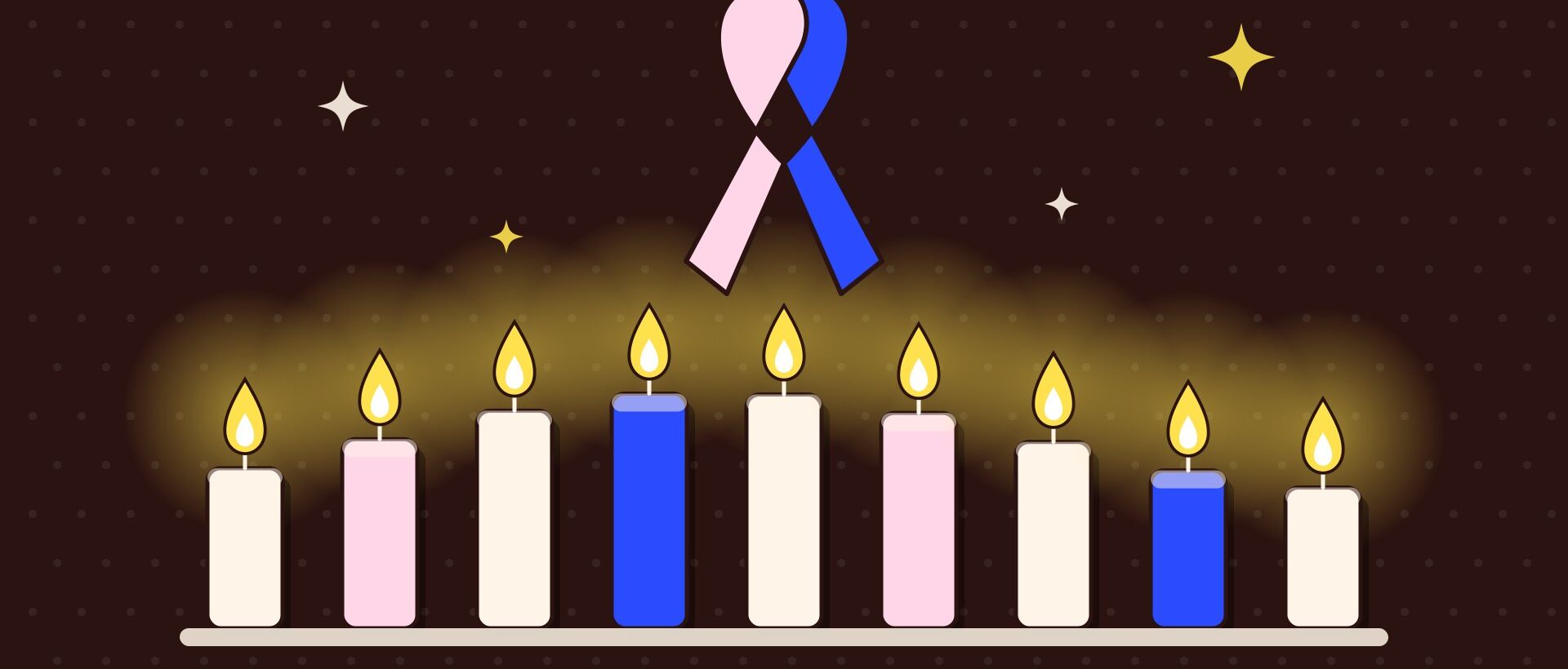 Illustration of a row of lit candles in pink, blue and cream beneath a pink and blue baby loss awareness ribbon