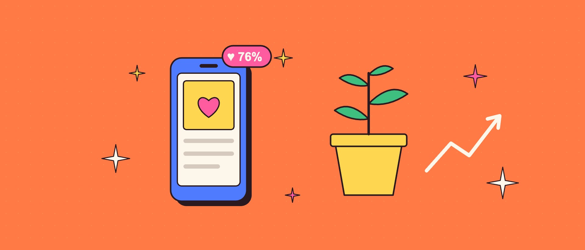 Illustration of a phone showing a liked post next to a growing plant in a yellow pot