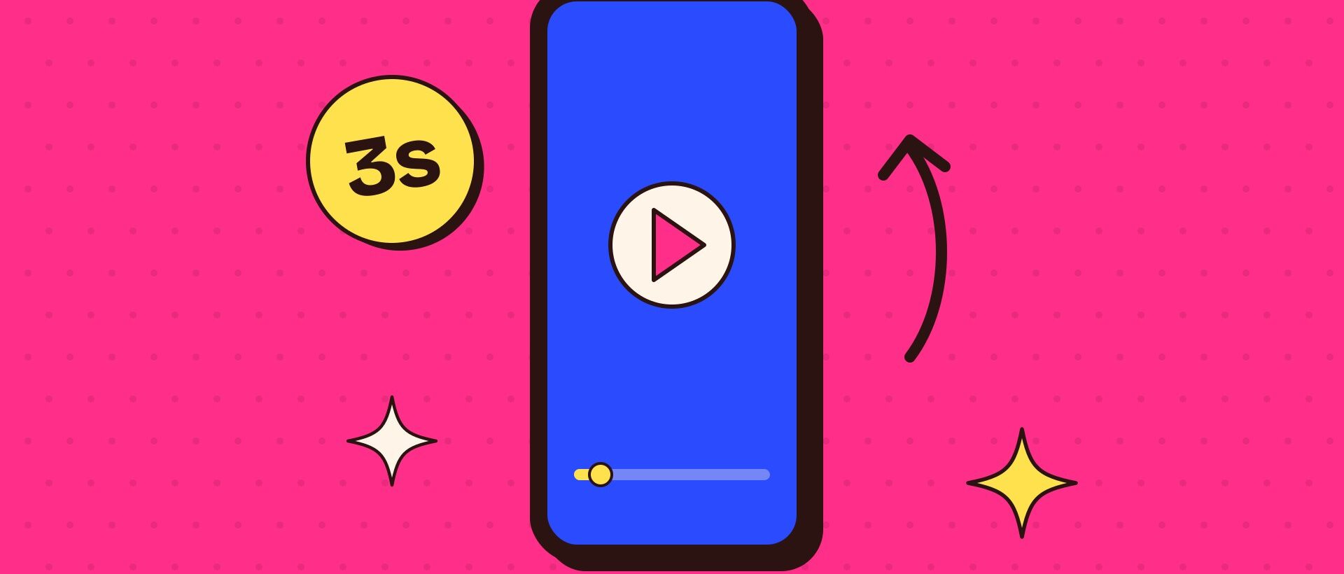 Illustration of a phone playing a Reel with the progress bar barely started and a swipe-away arrow