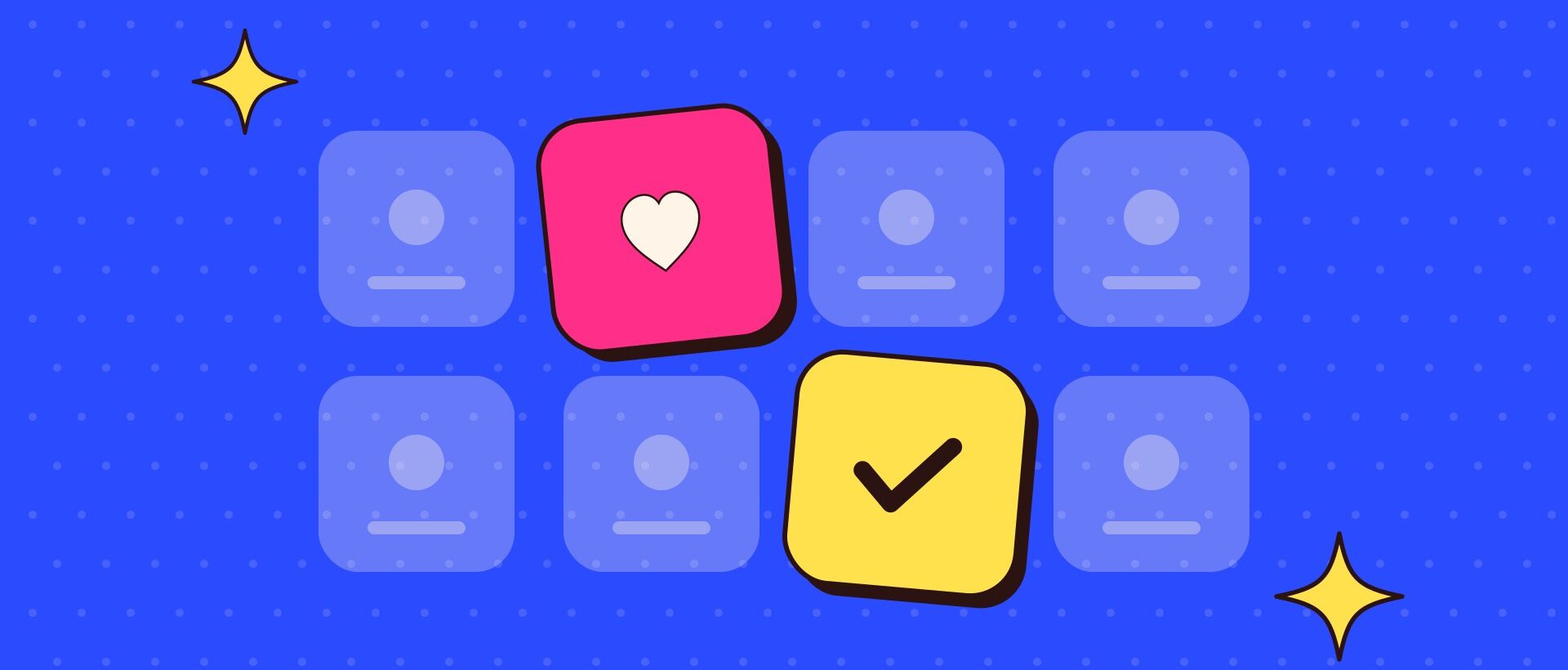 Illustration of faded social app icons with two bright tiles, a heart and a tick, standing out