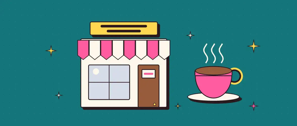 Illustrated shopfront with a striped awning next to a steaming cup of coffee