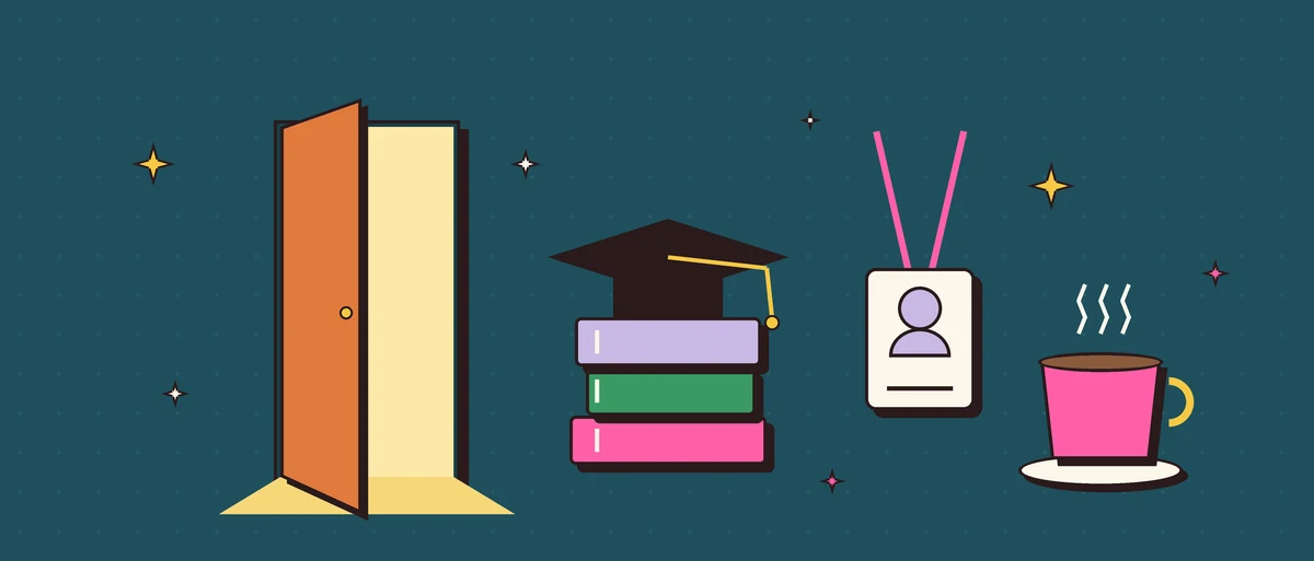 Illustrated open door, stacked books with a graduation cap, a work lanyard and a steaming pink coffee cup